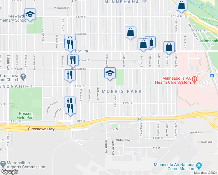 map of restaurants, bars, coffee shops, grocery stores, and more near 5625 38th Avenue South in Minneapolis