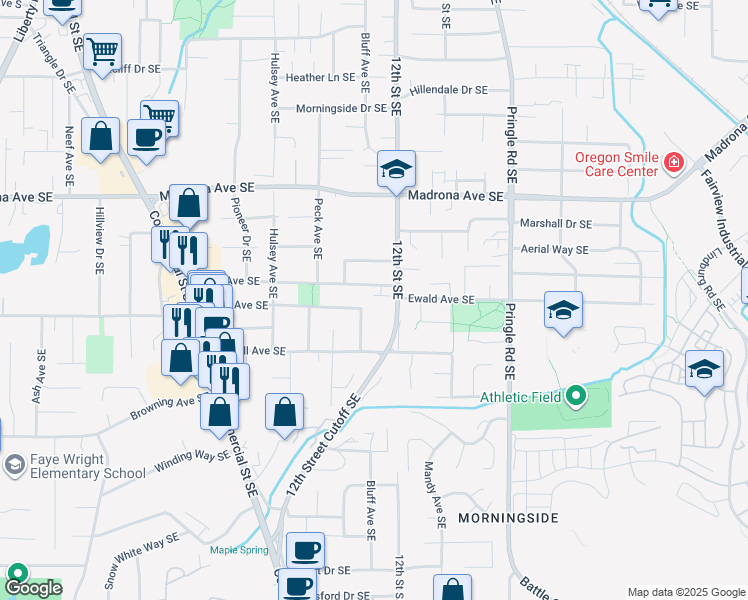 map of restaurants, bars, coffee shops, grocery stores, and more near 3837 12th Street Southeast in Salem