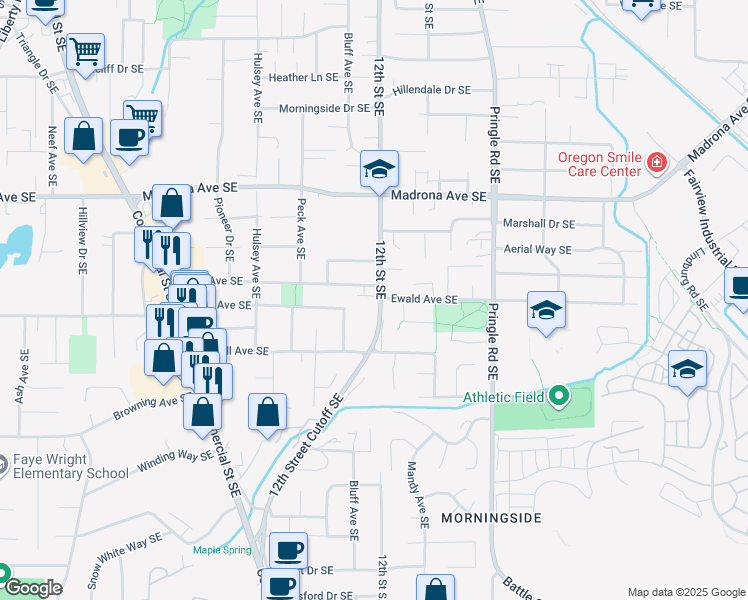 map of restaurants, bars, coffee shops, grocery stores, and more near 3837 12th Street Southeast in Salem