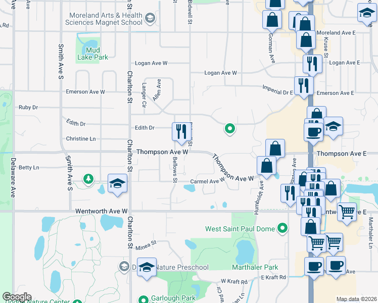 map of restaurants, bars, coffee shops, grocery stores, and more near 120 Thompson Ave W in St Paul