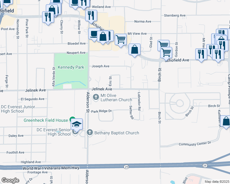 map of restaurants, bars, coffee shops, grocery stores, and more near 2711 Jelinek Avenue in Schofield