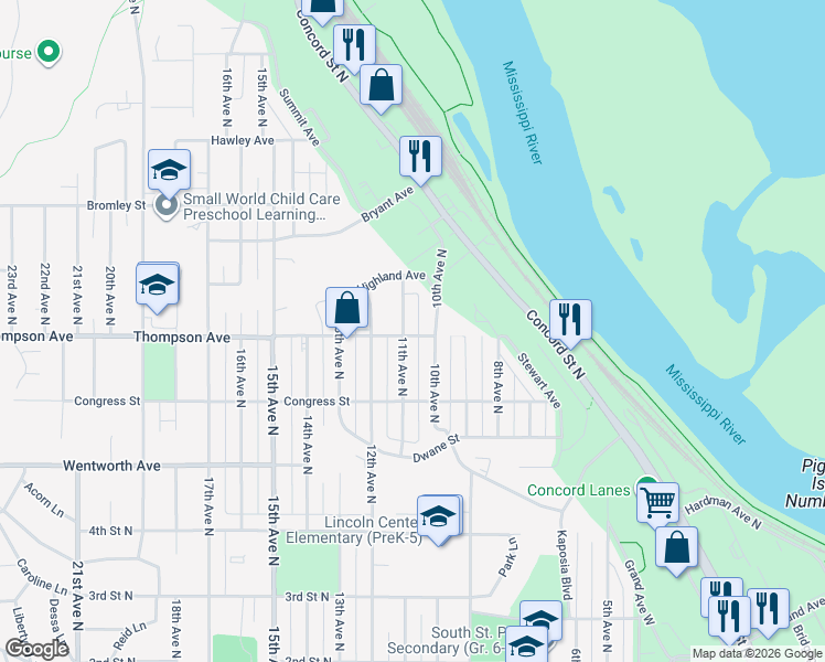 map of restaurants, bars, coffee shops, grocery stores, and more near 641 10th Avenue North in South Saint Paul