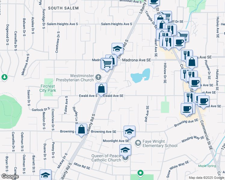 map of restaurants, bars, coffee shops, grocery stores, and more near 3816 Seneca Avenue Southeast in Salem
