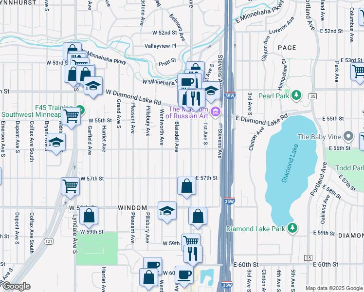 map of restaurants, bars, coffee shops, grocery stores, and more near 5615 Blaisdell Avenue in Minneapolis