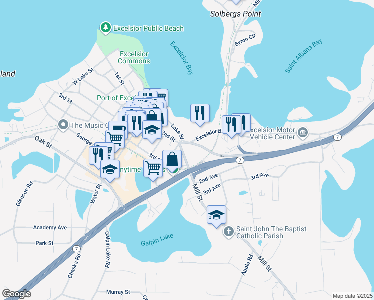 map of restaurants, bars, coffee shops, grocery stores, and more near 260 Mill Street in Excelsior