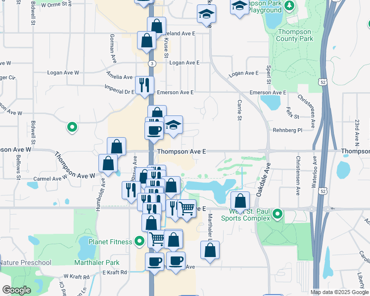 map of restaurants, bars, coffee shops, grocery stores, and more near 150 Thompson Avenue East in Saint Paul