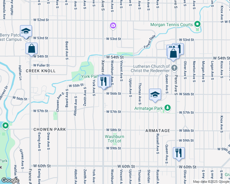 map of restaurants, bars, coffee shops, grocery stores, and more near 5524 Vincent Avenue South in Minneapolis