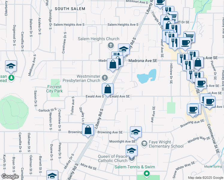 map of restaurants, bars, coffee shops, grocery stores, and more near 110 Harvard Court Southeast in Salem