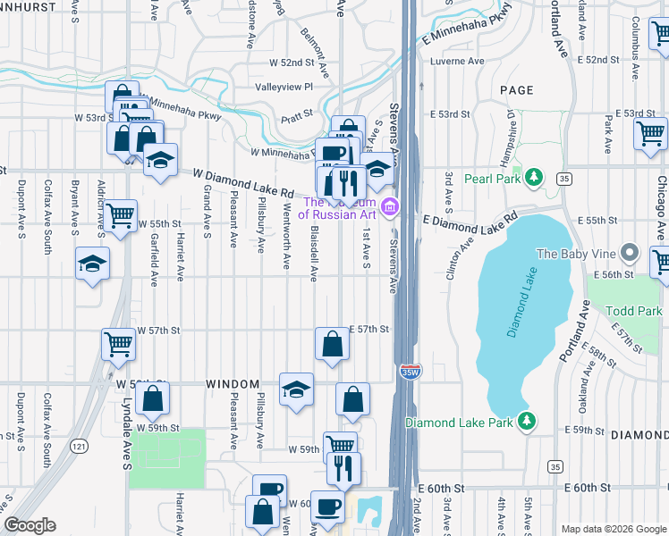map of restaurants, bars, coffee shops, grocery stores, and more near 5529 Blaisdell Avenue in Minneapolis