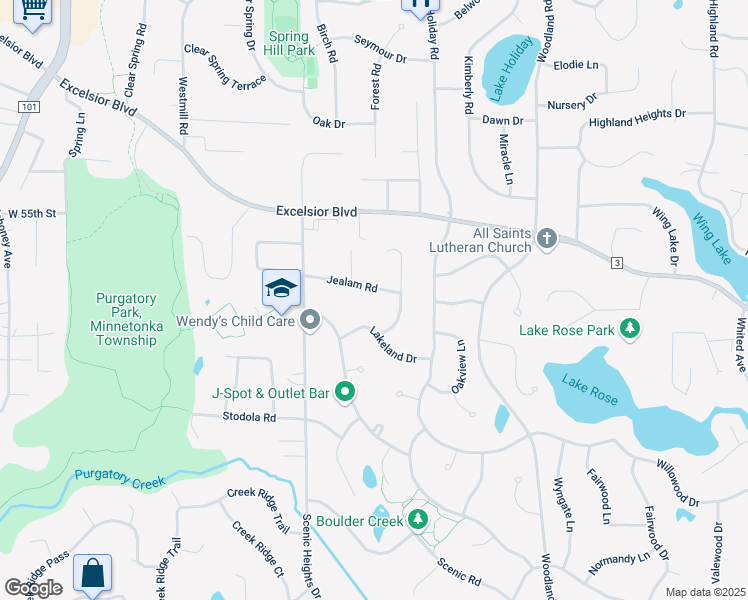 map of restaurants, bars, coffee shops, grocery stores, and more near 5535 Dell Lane in Minnetonka