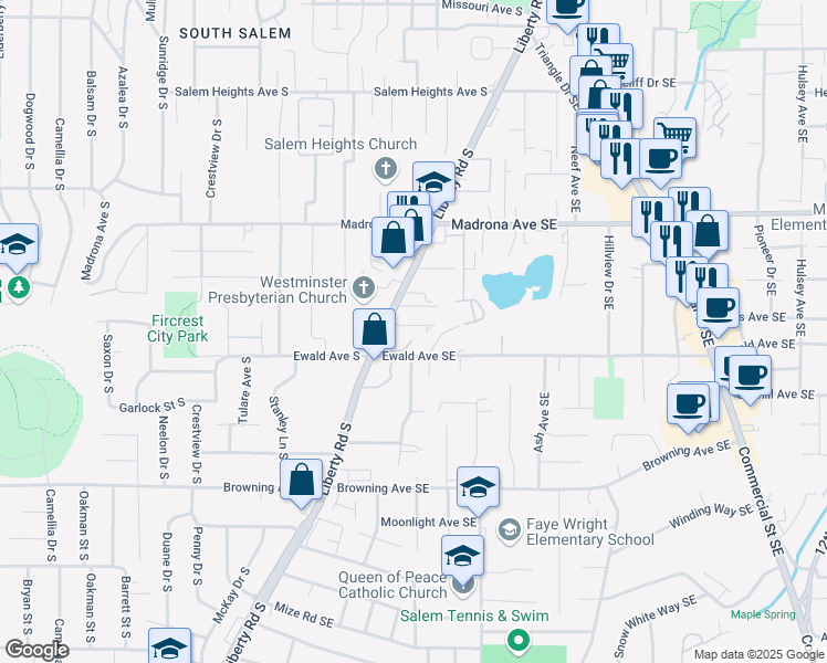 map of restaurants, bars, coffee shops, grocery stores, and more near 108 Harvard Court Southeast in Salem