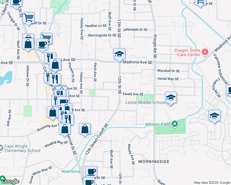 map of restaurants, bars, coffee shops, grocery stores, and more near 1164 Shamrock Drive Southeast in Salem