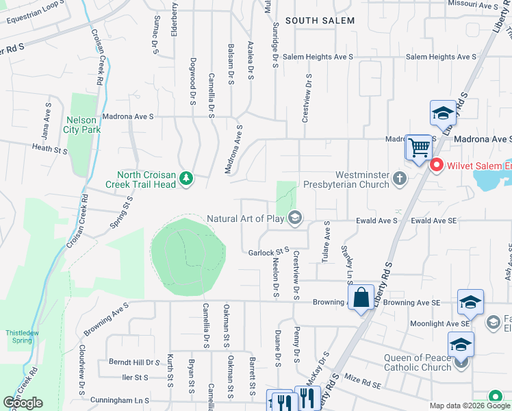 map of restaurants, bars, coffee shops, grocery stores, and more near 1010 Southridge Place South in Salem