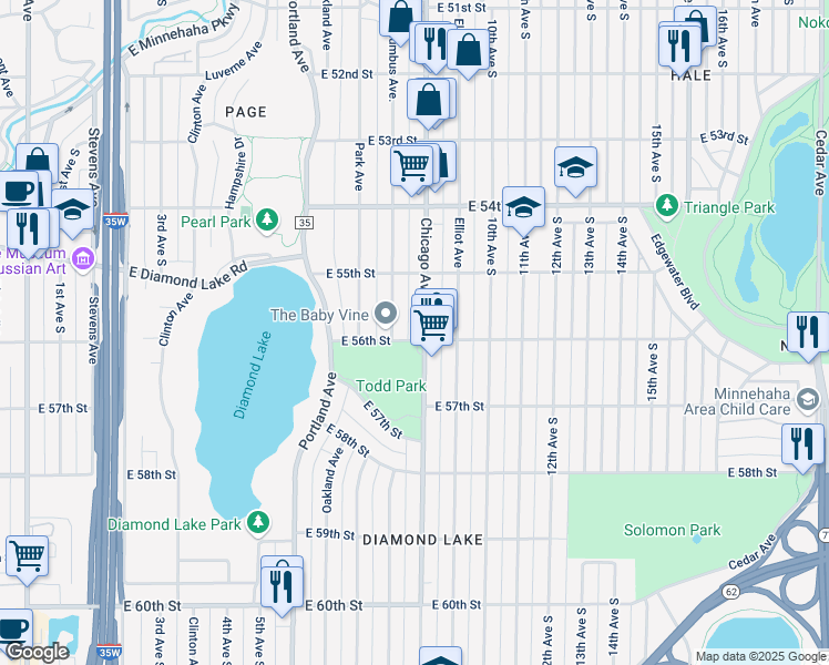 map of restaurants, bars, coffee shops, grocery stores, and more near 5527 Chicago Avenue in Minneapolis