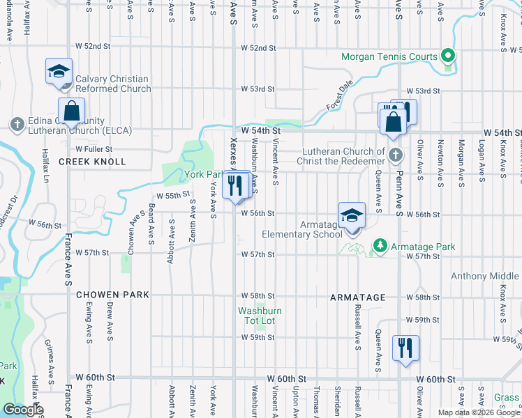 map of restaurants, bars, coffee shops, grocery stores, and more near 5524 Vincent Avenue South in Minneapolis