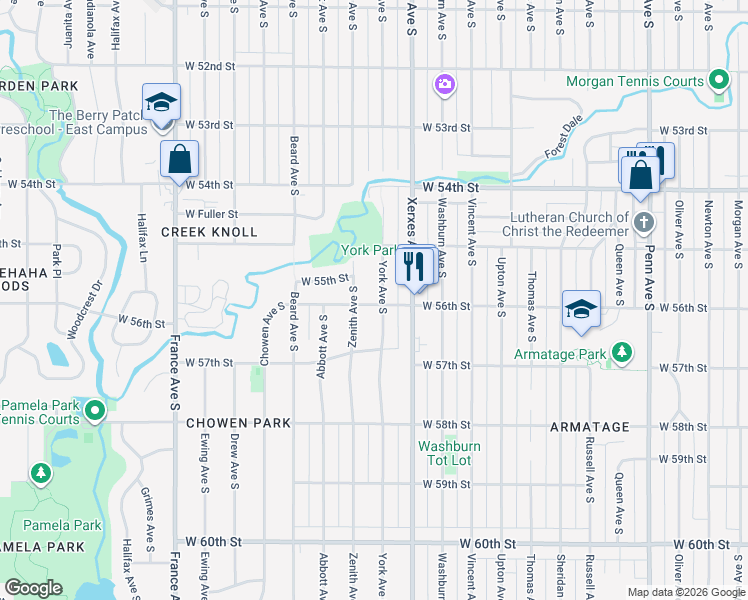 map of restaurants, bars, coffee shops, grocery stores, and more near 5525 Zenith Avenue South in Minneapolis