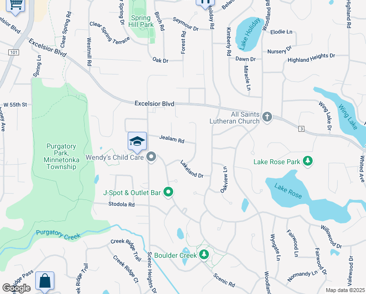 map of restaurants, bars, coffee shops, grocery stores, and more near 5535 Dell Lane in Minnetonka