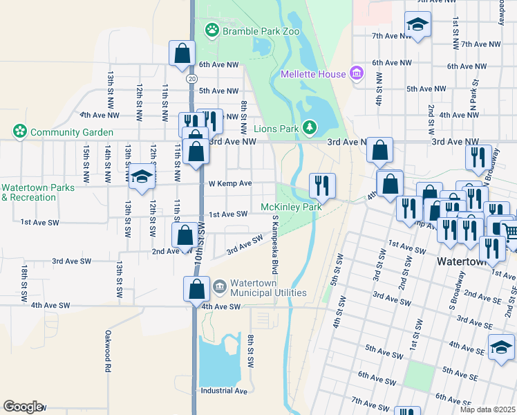 map of restaurants, bars, coffee shops, grocery stores, and more near 2-40 8th Street Southwest in Watertown