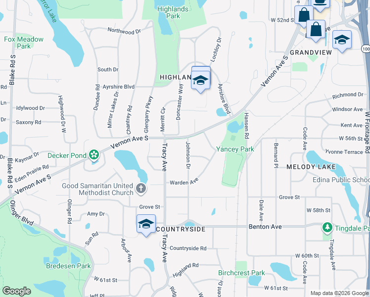 map of restaurants, bars, coffee shops, grocery stores, and more near 5600 Johnson Drive in Minneapolis