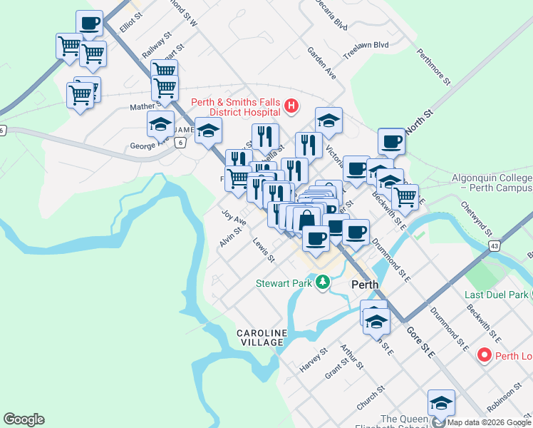 map of restaurants, bars, coffee shops, grocery stores, and more near 34 Wilson Street West in Perth