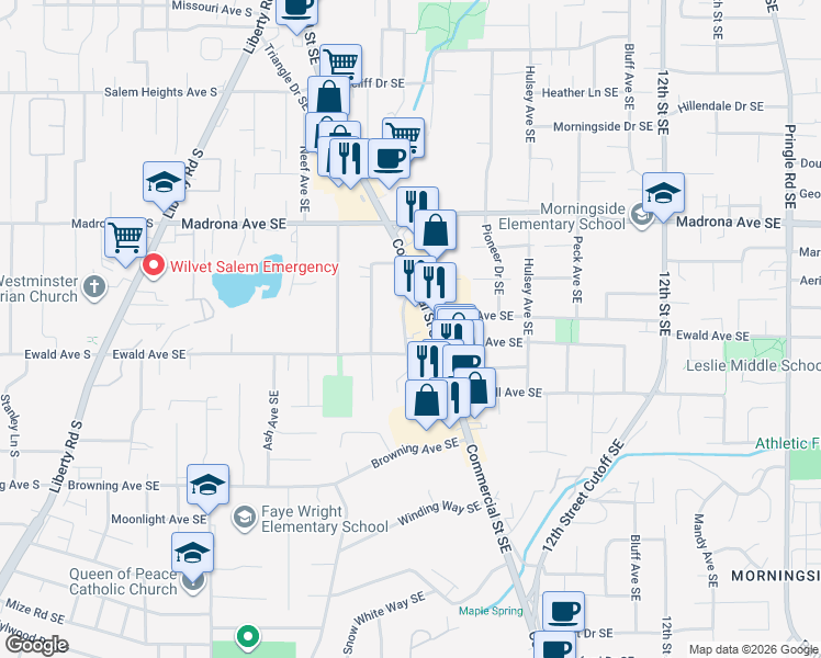 map of restaurants, bars, coffee shops, grocery stores, and more near 3743 Commercial Street Southeast in Salem