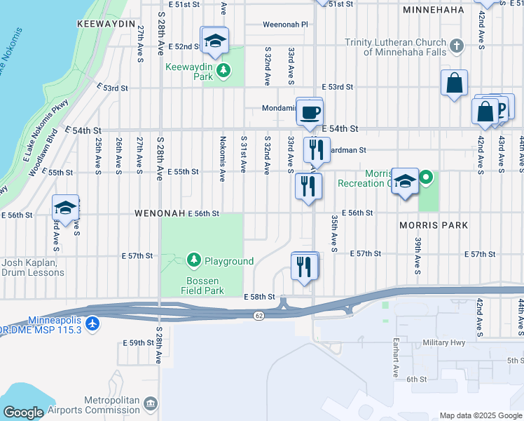 map of restaurants, bars, coffee shops, grocery stores, and more near 5552 East 56th Street in Minneapolis