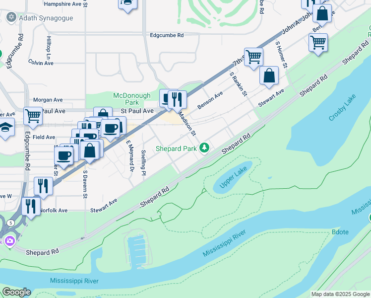 map of restaurants, bars, coffee shops, grocery stores, and more near 2335 Stewart Avenue in Saint Paul