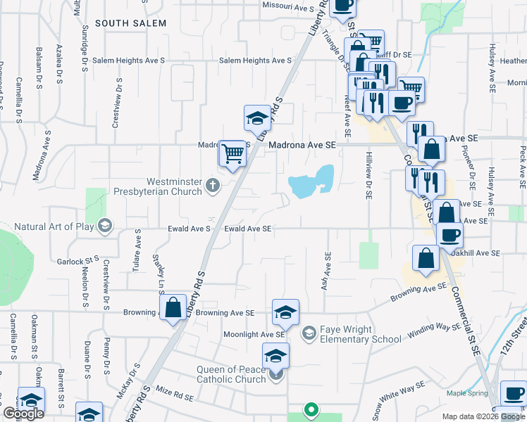 map of restaurants, bars, coffee shops, grocery stores, and more near 3763 Mica View Court Southeast in Salem