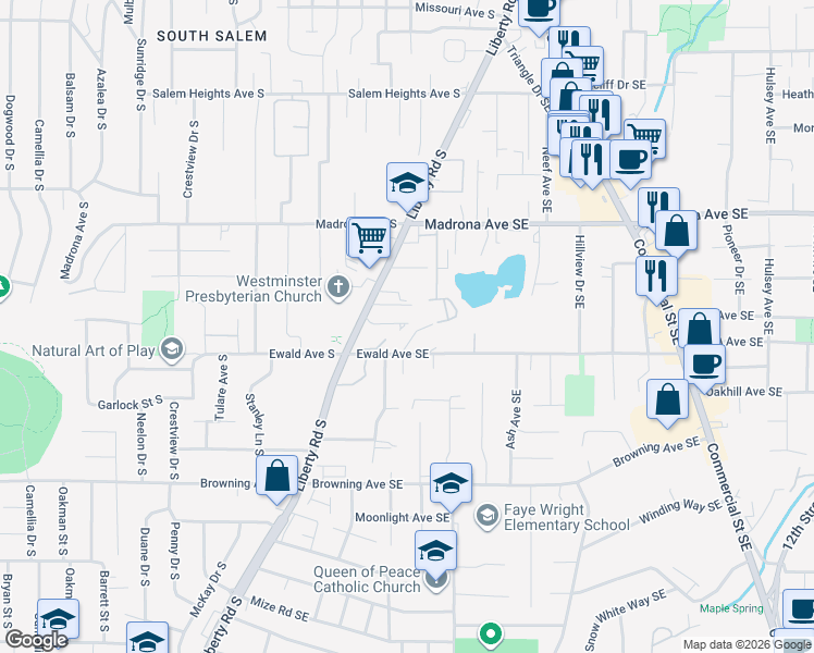 map of restaurants, bars, coffee shops, grocery stores, and more near 206 Harvard Court Southeast in Salem