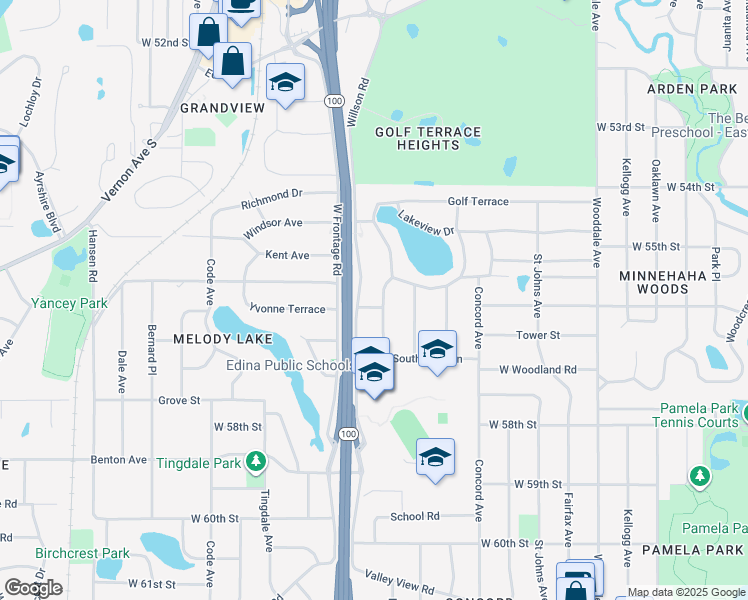 map of restaurants, bars, coffee shops, grocery stores, and more near 4910 Lakeview Drive in Minneapolis