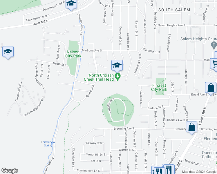 map of restaurants, bars, coffee shops, grocery stores, and more near 3733 Dogwood Drive South in Salem