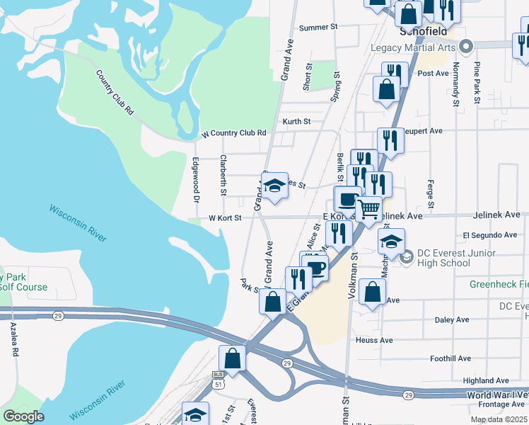 map of restaurants, bars, coffee shops, grocery stores, and more near 2121 Grand Avenue in Schofield