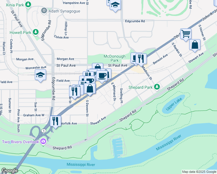 map of restaurants, bars, coffee shops, grocery stores, and more near 2423 7th Street West in Saint Paul