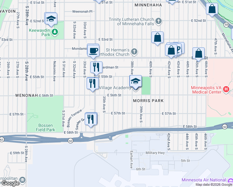 map of restaurants, bars, coffee shops, grocery stores, and more near 5532 36th Avenue South in Minneapolis