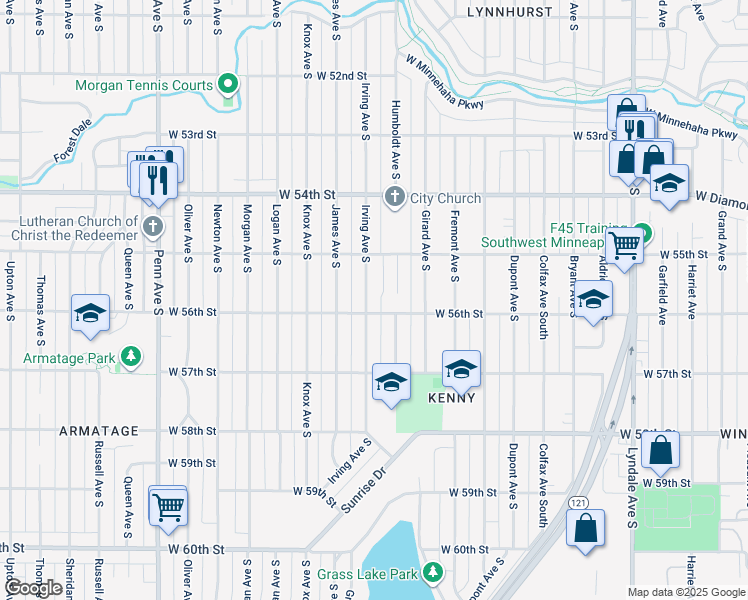 map of restaurants, bars, coffee shops, grocery stores, and more near 5520 Irving Avenue South in Minneapolis