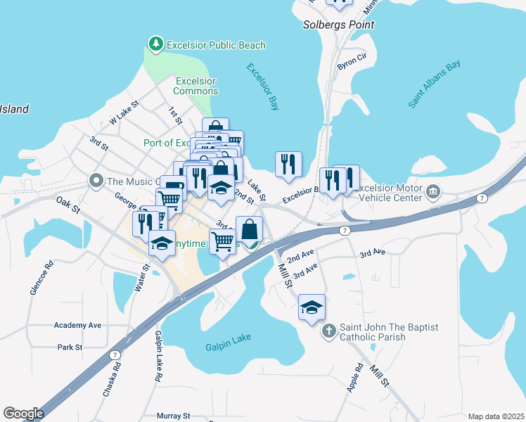 map of restaurants, bars, coffee shops, grocery stores, and more near 603 Lake Street in Excelsior