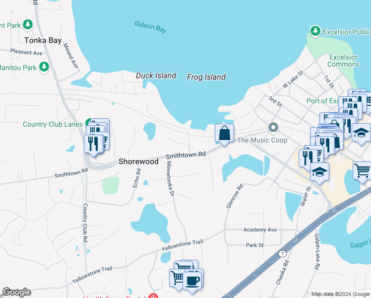 map of restaurants, bars, coffee shops, grocery stores, and more near 23710 Lawtonka Drive in Excelsior