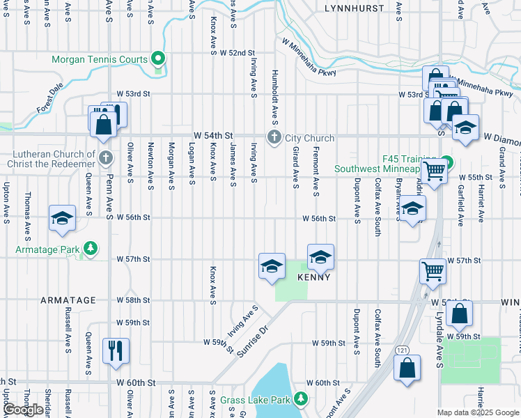 map of restaurants, bars, coffee shops, grocery stores, and more near 5520 Irving Avenue South in Minneapolis