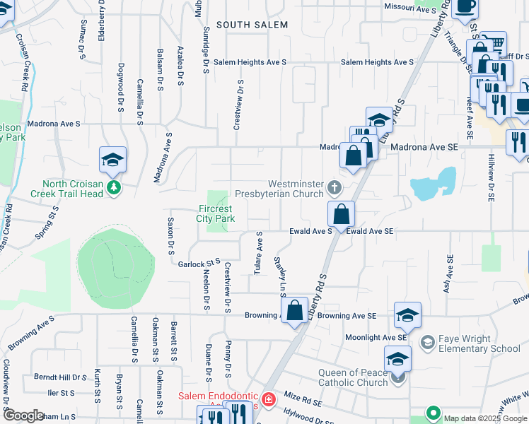 map of restaurants, bars, coffee shops, grocery stores, and more near 3785 Lilligard Lane South in Salem