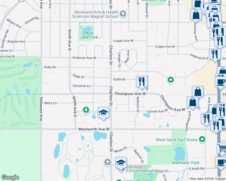 map of restaurants, bars, coffee shops, grocery stores, and more near 1444 Charlton Street in Saint Paul