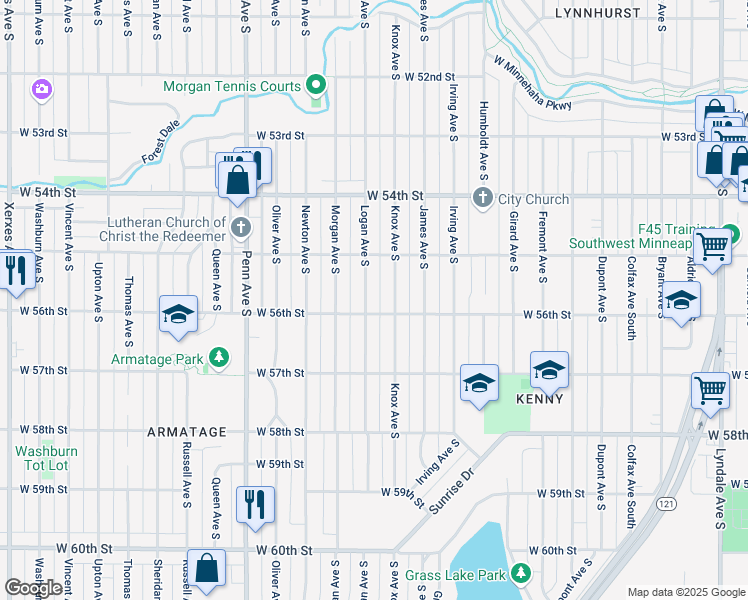 map of restaurants, bars, coffee shops, grocery stores, and more near 5521 Logan Avenue South in Minneapolis