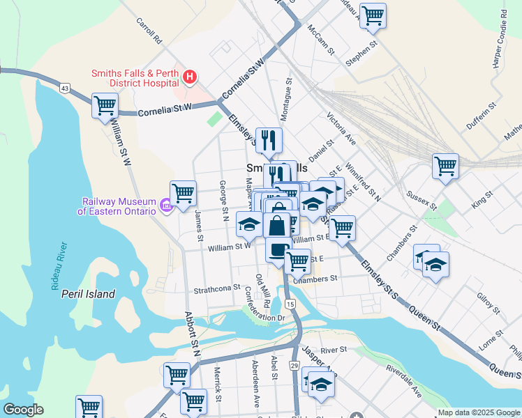 map of restaurants, bars, coffee shops, grocery stores, and more near 17 Church Street West in Smiths Falls