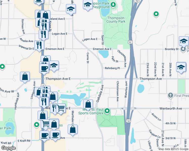 map of restaurants, bars, coffee shops, grocery stores, and more near 305 Thompson Avenue East in Saint Paul