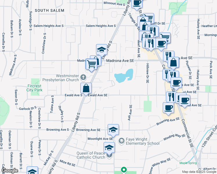 map of restaurants, bars, coffee shops, grocery stores, and more near 3711 Mica View Court Southeast in Salem