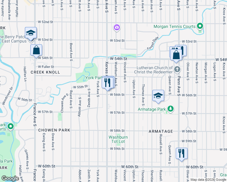 map of restaurants, bars, coffee shops, grocery stores, and more near 5528 Washburn Avenue South in Minneapolis
