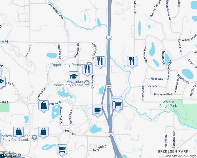 map of restaurants, bars, coffee shops, grocery stores, and more near 5601 Smetana Drive in Hopkins