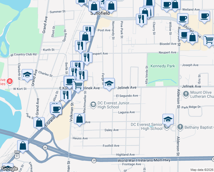 map of restaurants, bars, coffee shops, grocery stores, and more near 5909 Ferge Street in Schofield