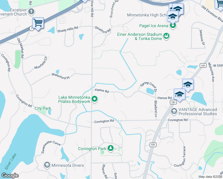 map of restaurants, bars, coffee shops, grocery stores, and more near 18912 Hanus Road in Minnetonka