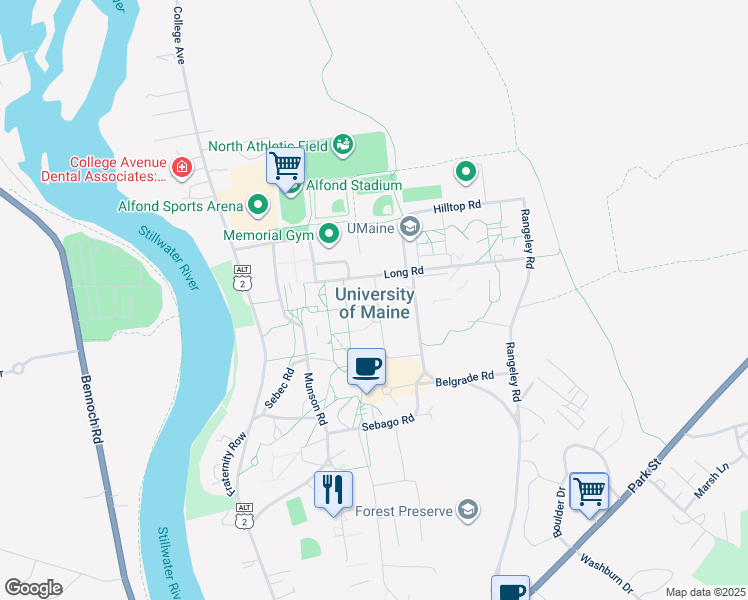 map of restaurants, bars, coffee shops, grocery stores, and more near 168 College Avenue in Orono