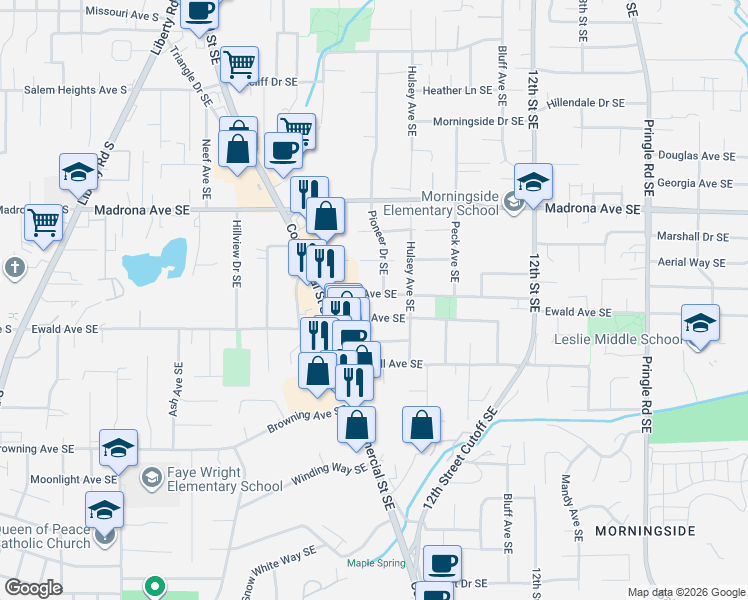 map of restaurants, bars, coffee shops, grocery stores, and more near 3673 Pioneer Drive Southeast in Salem